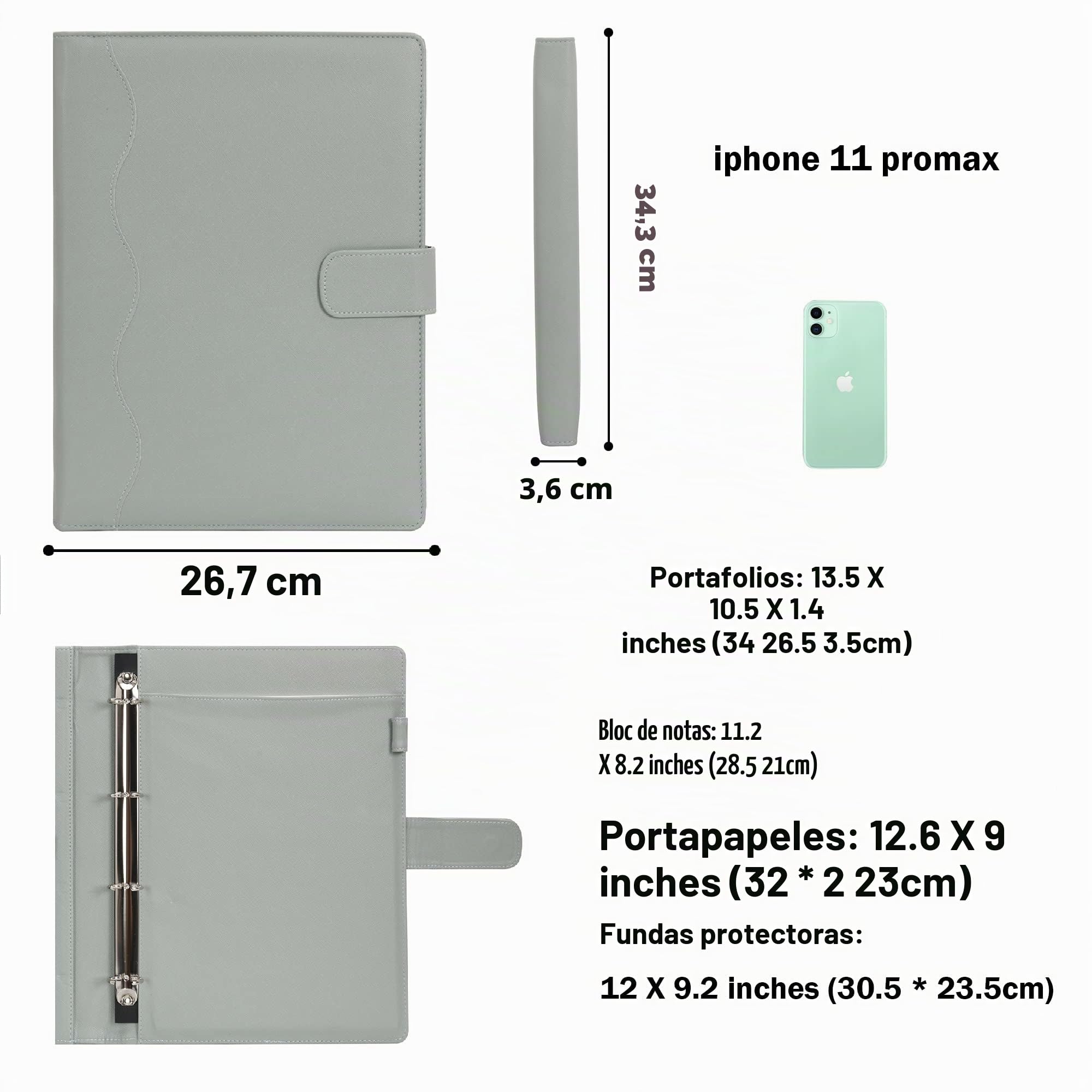 Wonderpool A4 PU Cuero 4 Anillos Combo de Escritura de Documentos Múltiples con Portapapeles Extraíble y Bolsillo Funcional para Organizador Oficina Viajes Escuela (Verde)