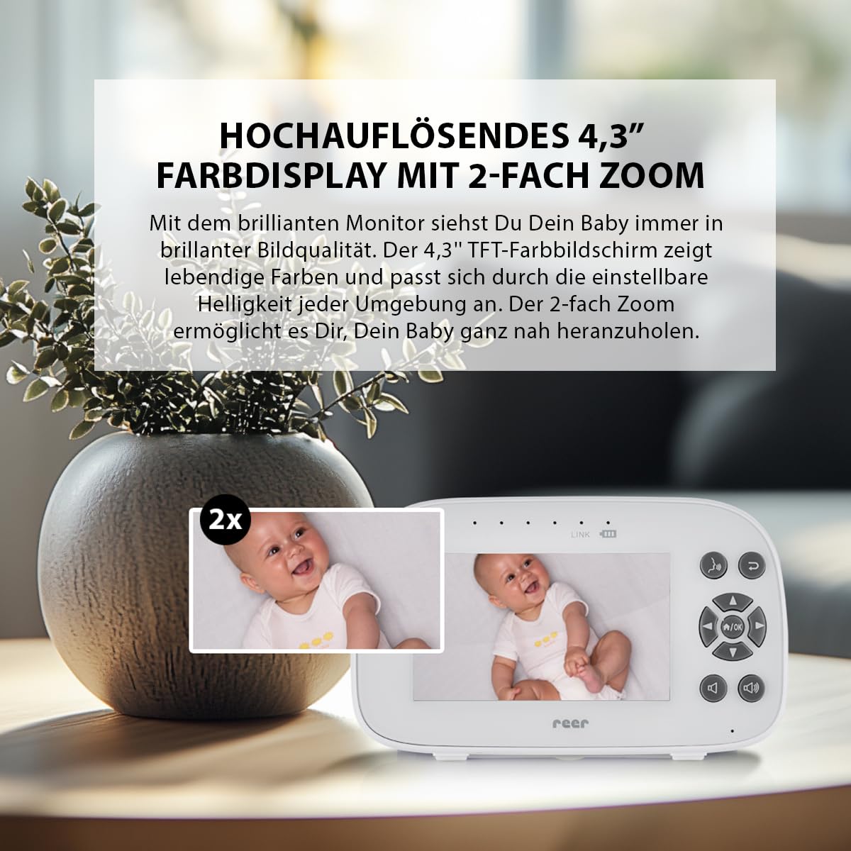 reer BabyCam XL Move | Digitales Video-Babyphone | abhörsichere FHSS-Technologie | 4,3" TFT-Bildschirm | 300m Reichweite | schwenk- & neigbare Kamera | Nachtsicht |Gegensprechfunktion | weiß