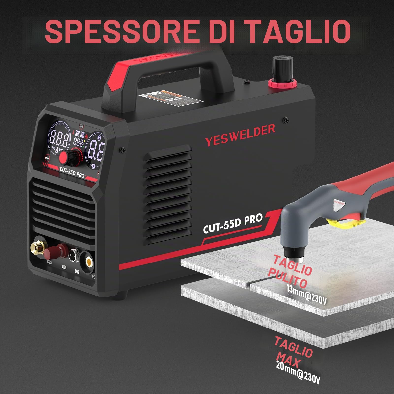 YESWELDER 55Amp Taglio Plasma ad Arco Pilota senza Contatto Non-HF, Ampio Display Digitale LED, Spessore Massimo di Taglio 20mm, 230V Macchina per Taglierina al Plasma