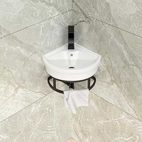 Miniatura 3 de Lordear Fregadero de baño esquinero montado en la pared con toallero  11 45 pulgadas x 11 45 pulgadas fregadero de porcelana triangular para baños