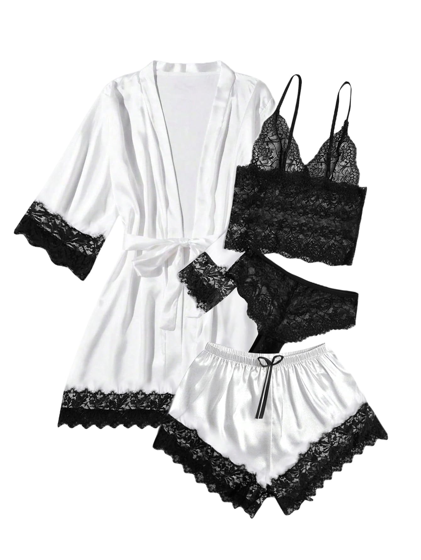 WDIRARA Women's Silk Satin 4pcs Pajamas Set Sleepwear with Robe