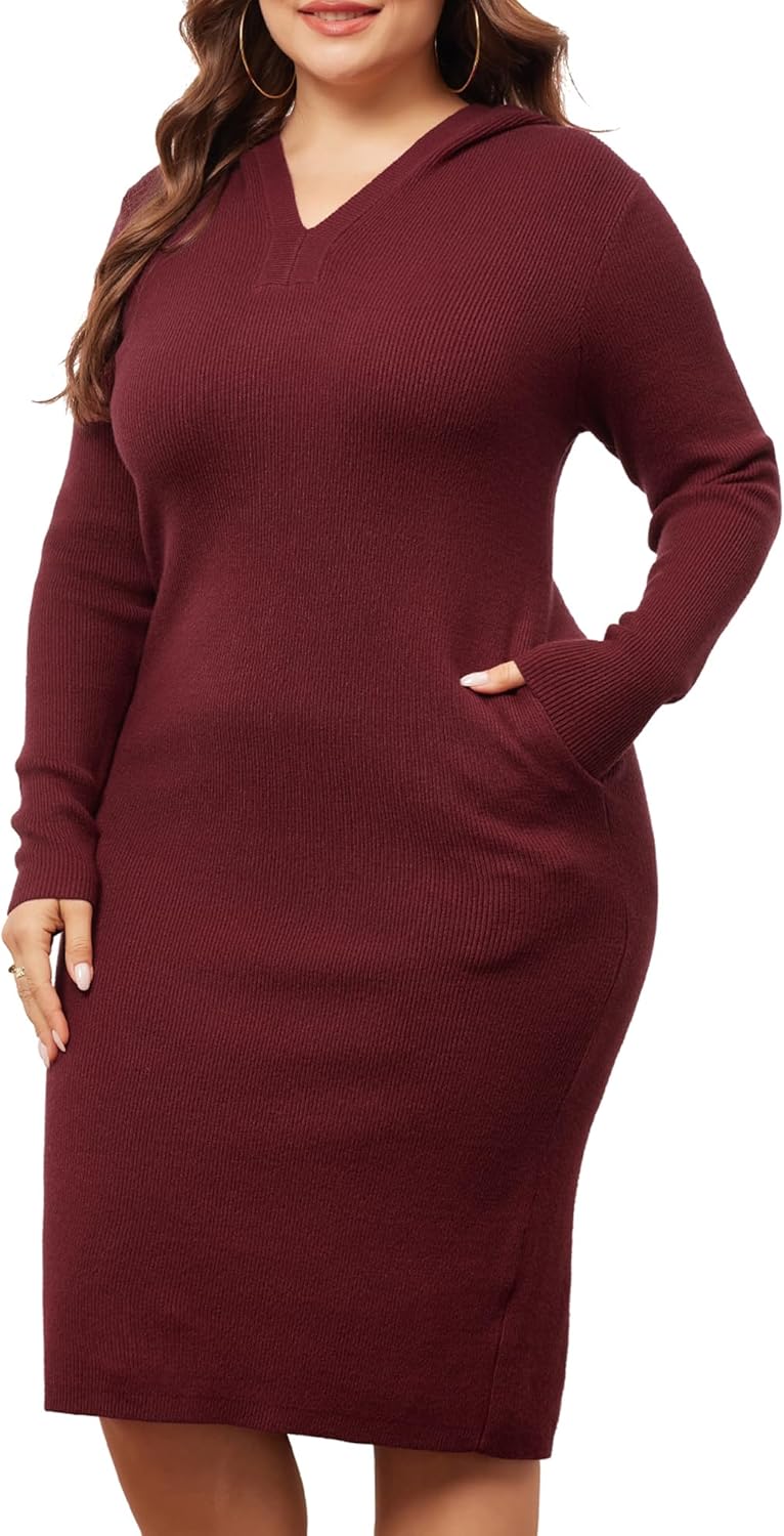 Agnes Orinda Plus Size Women Fall Sweater Dresses 2025 V Neck Knit Pullover Hooded with Pockets Sweaters Dress