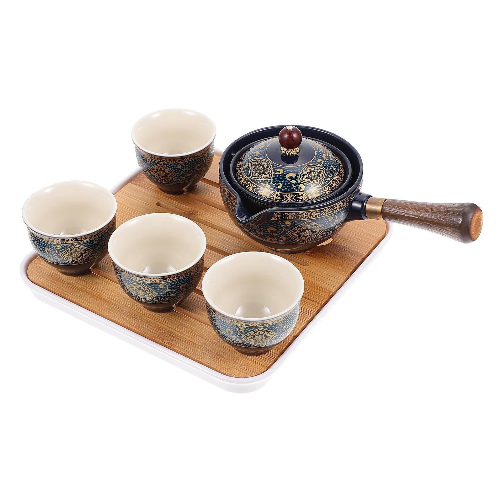 Juego de Té de Viaje Gongfu Portátil Tetera de Cerámica y Filtro Interno, 4 Tazas y Soporte de Madera para Aficionados al Té en Casa Aire Libre