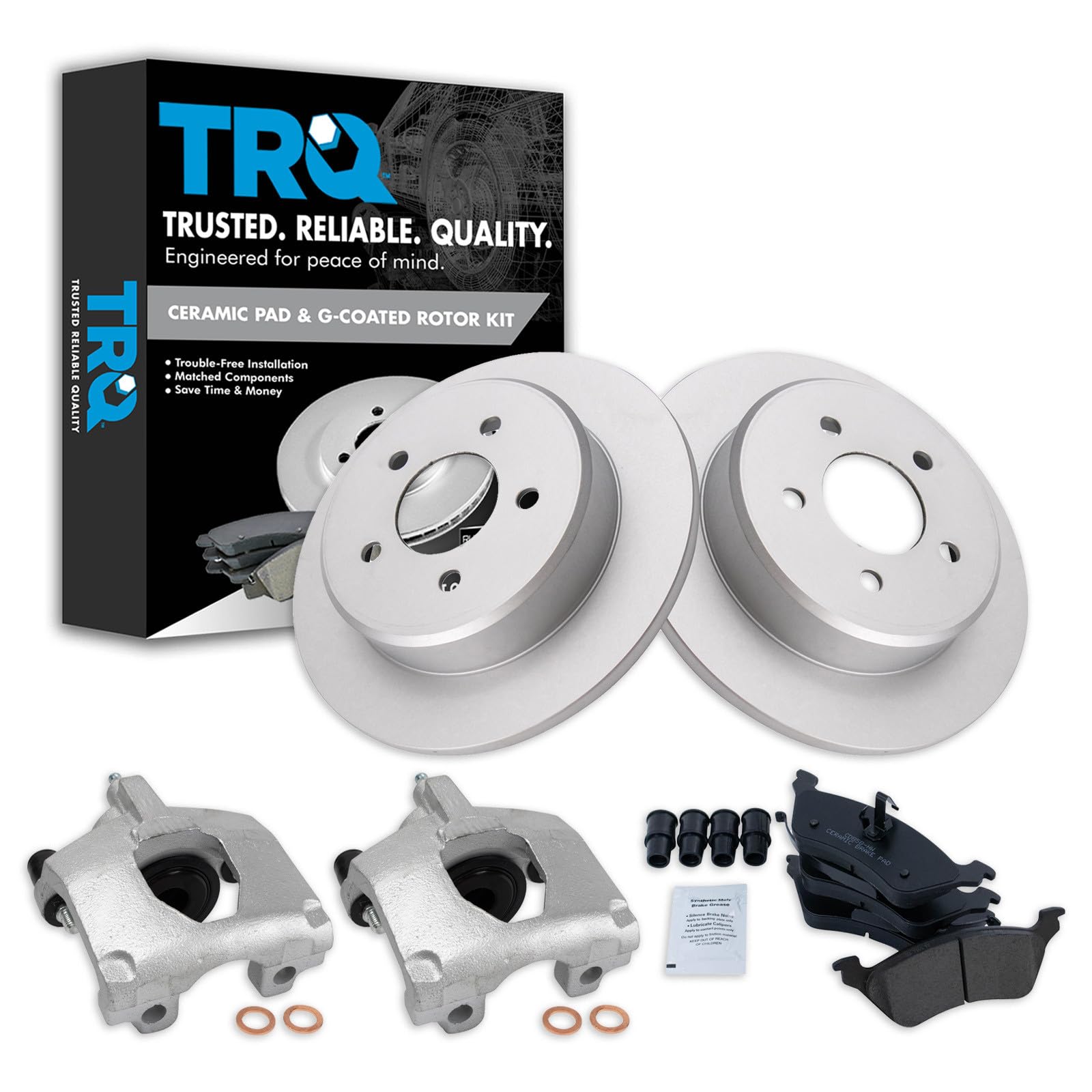 TRQ Rear Brake Pad and Rotor Set Ceramic G Coated Rotors Calipers