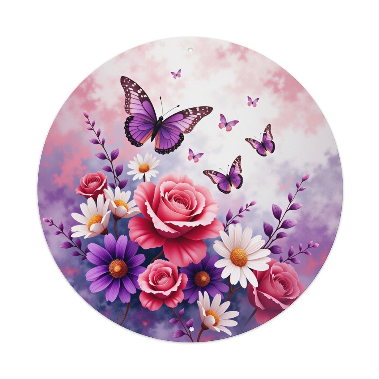 Floral Butterflies Roses Daisies Purple Retro Metal Tin Sign, Vintage Metal Poster for Bar, Home, Man Cave, Kitchen, Laundry Room Art Decor 8x8 Inch