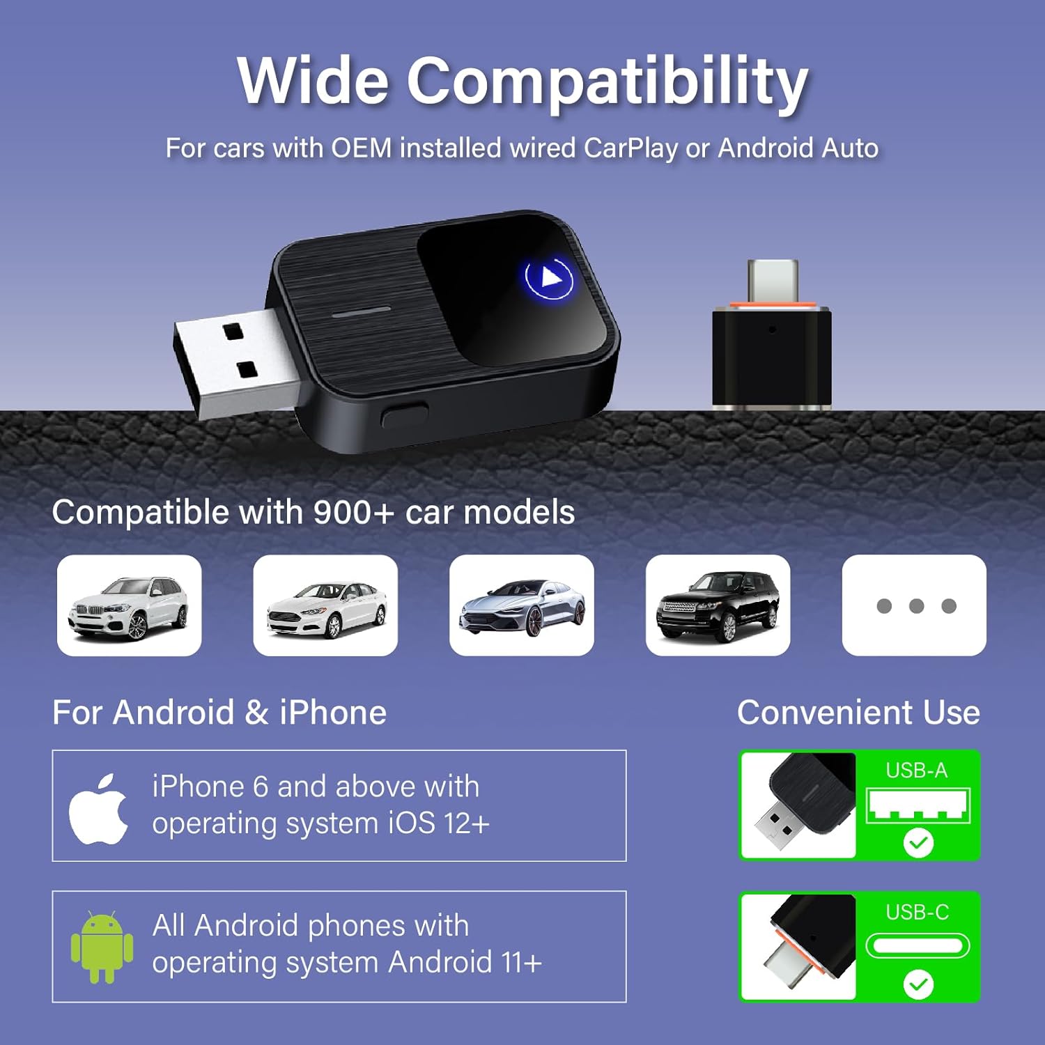 2026 Upgraded Wireless CarPlay Adapter for iPhone & Android Auto, 5X Faster Auto-Connect No Latency, Converts Wired to Wireless CarPlay, Plug & Play, 2 in 1 Adapter for iOS 12+/Android 11+, Black