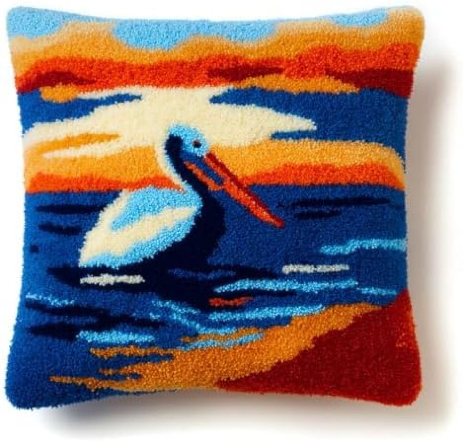 kitphoenix DIY Latch Hook Cushion Kit Pelican Golden Sunset Ocean Surface,Beginner-Friendly Rug Hooking Pillow Kit,Crochet Craft Cushion Cover for Home Decor,43x43 cm