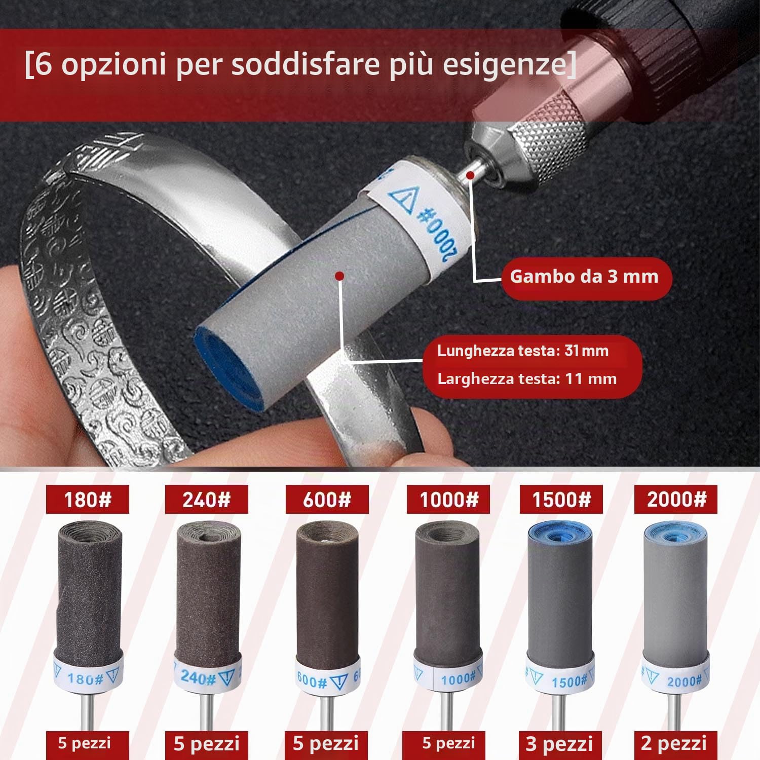 25 Pezzi di Tamburi Abrasivi Manicotti per Utensili Rotativi Dremel 180/240/600/1000/1500/2000 Grana con Albero da 3 mm Legno Strumenti di Levigatura Accessorio per Levigatura e Lucidatura