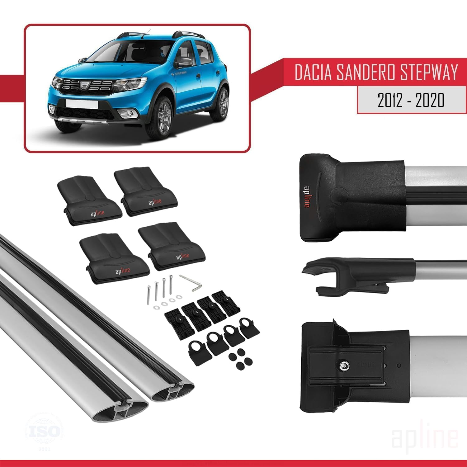 Compatible con Dacia Sandero Stepway 2 (B52) 2012-2020 Modelo Fly Barra de Techo Auto Portaequipajes Barras Transversales Gris Aluminio 2 Barras