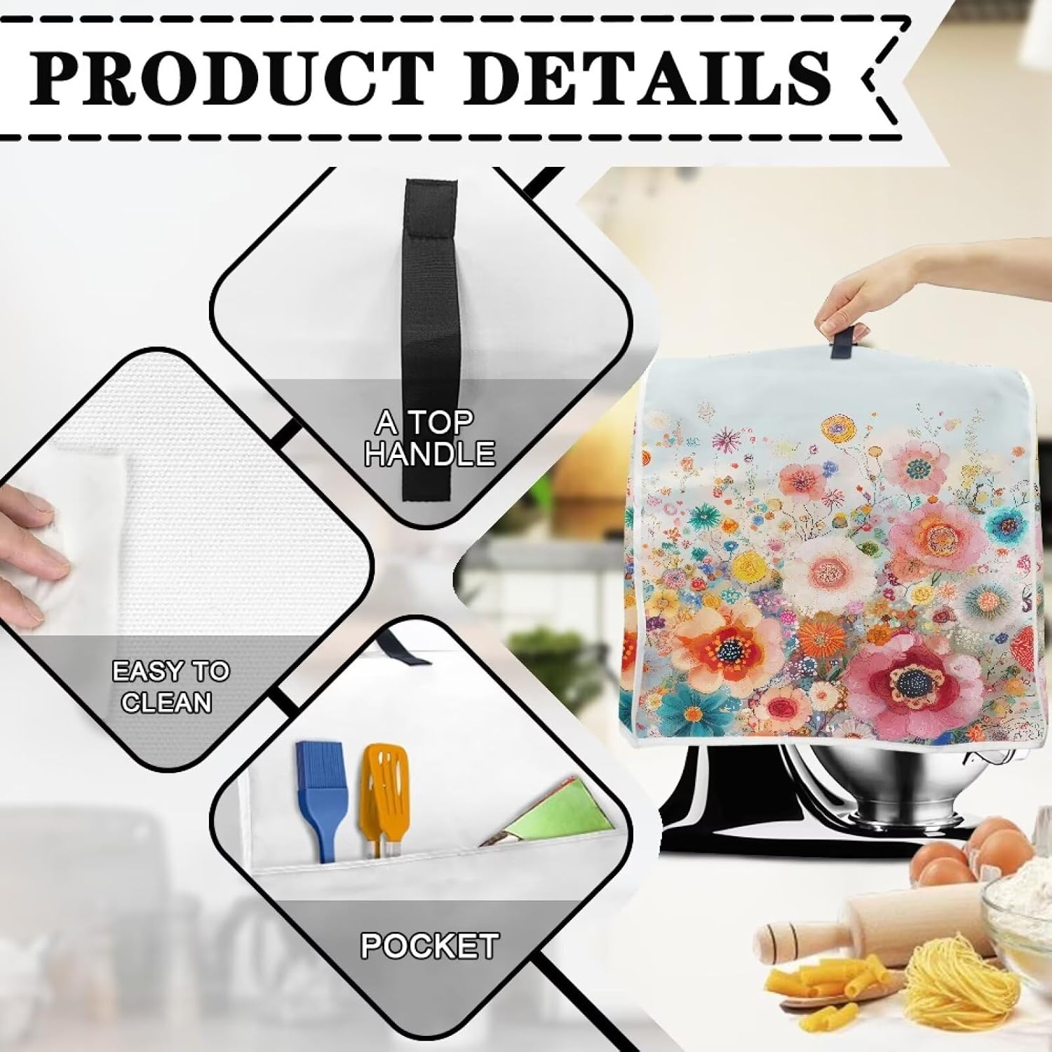 Stand Mixer Dust Cover Kitchen Small Appliance Cover with Top Handl and Pockets Colorful Floral 6 Quart Kitchen Aid Mixer Cover Kitchen Decor Protector