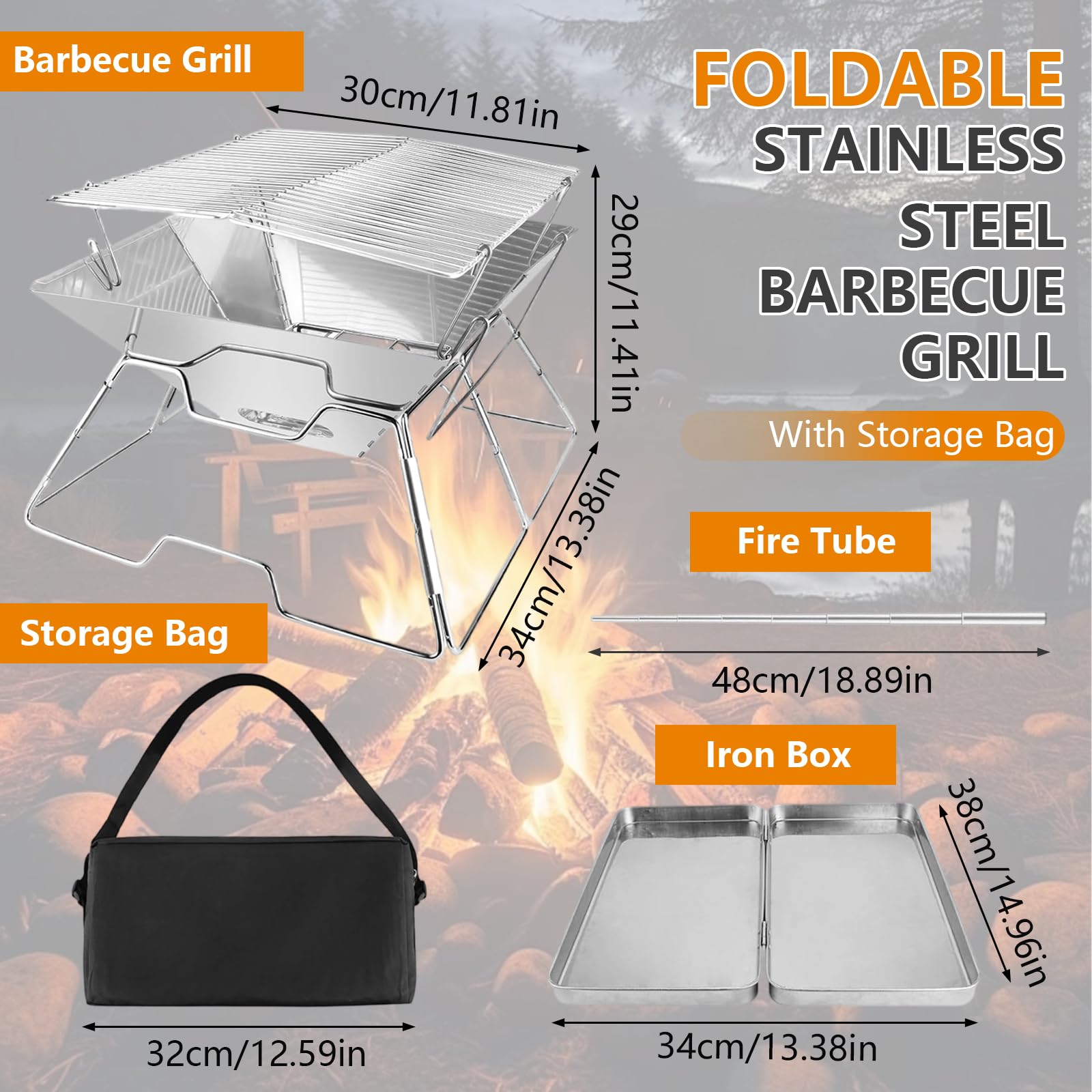Braciere portatile pieghevole in acciaio inox 304, griglia con scatola di trasporto in ferro, griglia per barbecue, barbecue, fornello da campeggio per picnic, barbecue, falò, patio, cortile, giardino