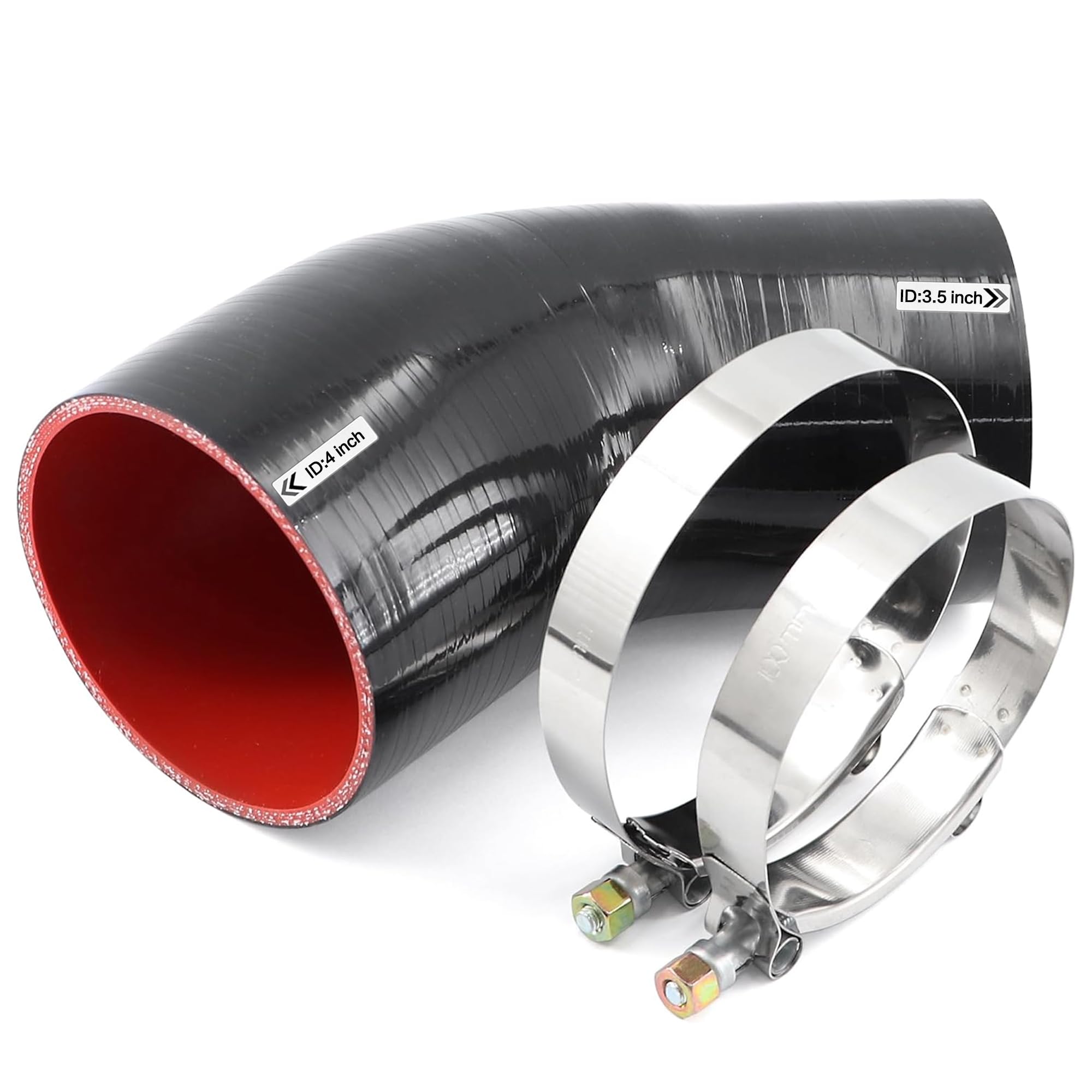 45 Degree ID 3-1/2 to 4 inches Elbow Silicone Reducer Coupler Hose 4 Ply Polyester Reinforcement with 2 Steel T Clamps for Intercooler Turbo Intake Pipe