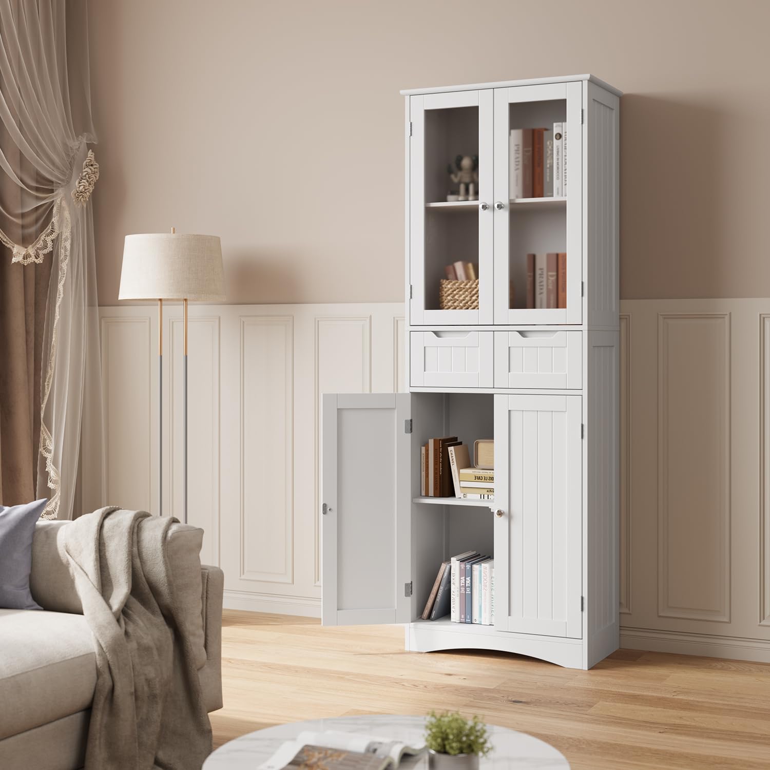 Xbro 170cm Alacena de Cocina, Mueble Despensa con 4 Armarios y 2 Cajones, Armario con Diseño Antivuelco, Alacena de Madera para Cocina, Salón y Comedor (Blanco)