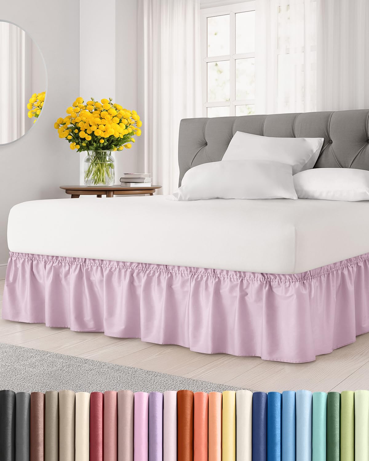 Wrap Around Dust Ruffle Bed Skirt - Light Pink - Twin/Twin XL Size Beds with 24 Inch Drop - Elastic Strap - Adjustable Pleated Bedskirt with Brushed