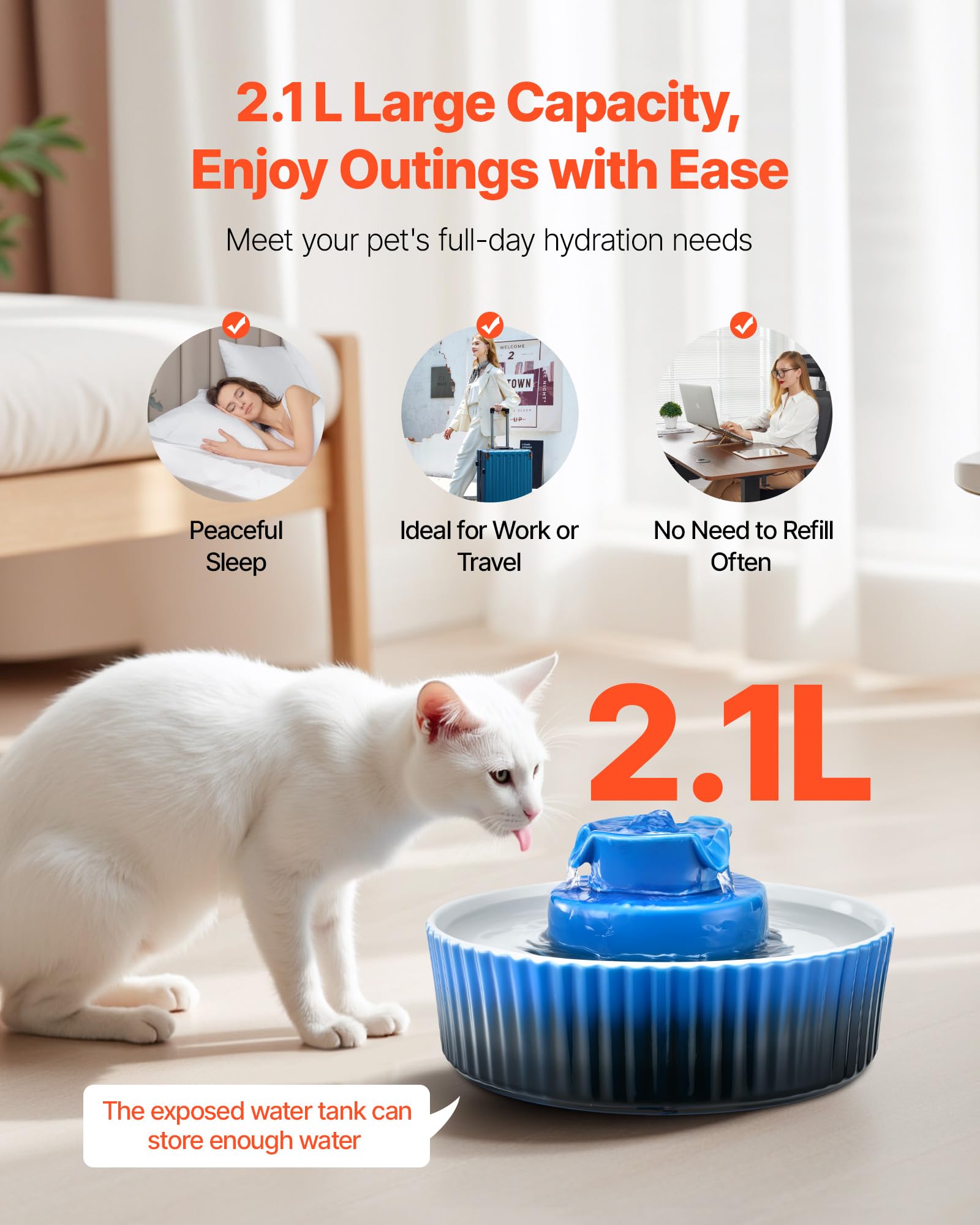 VEVOR Fontanella per Gatti in Ceramica da 2,1 L Fontana per Animali Domestici con Pompa Ultra Silenziosa, Area di Abbeveramento a 360° e Sistema di Filtraggio Multistrato, per Gatti e Cani, Blu
