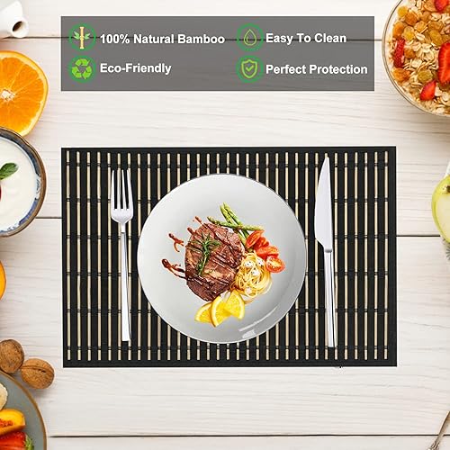 Miniatura 3 de ANDSTAR Juego de 8 manteles individuales de bambú con borde de tela, estilo japonés, manteles individuales de bambú antideslizantes naturales,