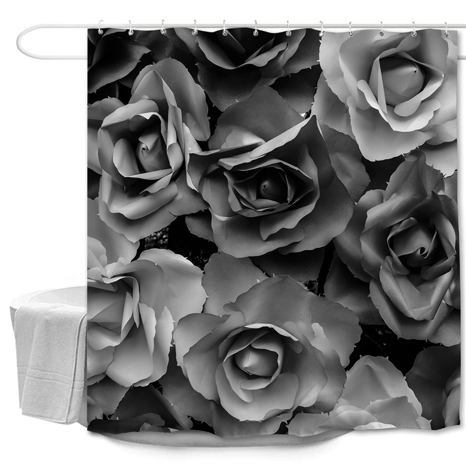 Oduo Shower Curtains Mould Proof Resistant Washable, 3D Rose Flower Print Shower Curtains Waterproof Bath Curtain with 10-12 Hooks - Shower Curtain for Bathroom (Black,120x180cm)