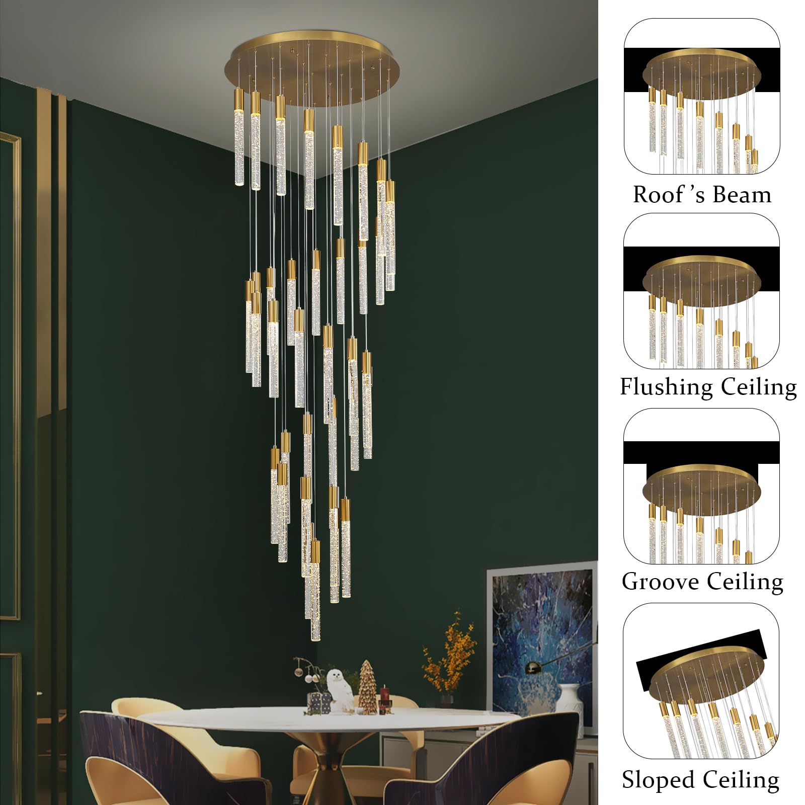 MELKZENPD Modern Crystal Chandeliers, 36-Light Luxury Gold Chandeliers, Dimmable Hanging Pendant Light for High Ceiling Dining Room, Living Room, Hotel, Villa, Entryway, Foyer