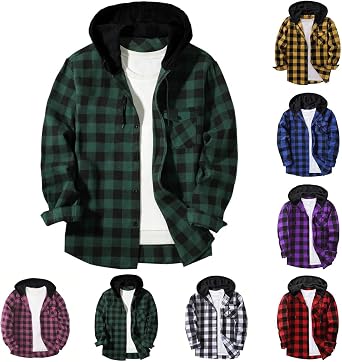 Mens Flannel Hoodie Shirt Casual Button Down Plaid Jacket Shirts Fall Fashion Stylish Long Sleeve Shirts with Pocket