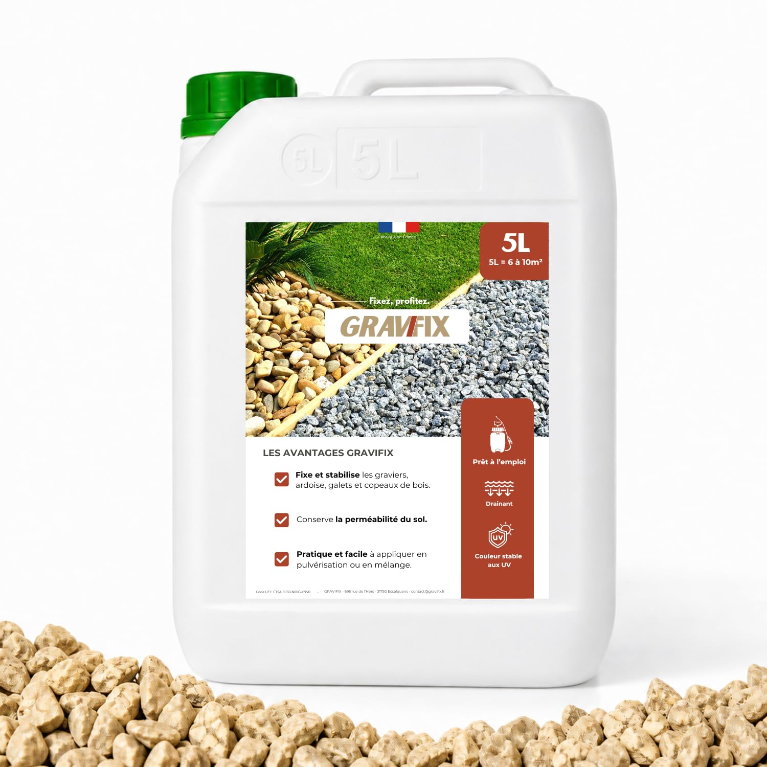 Liant Gravier extérieur 5L, Colle pour Cailloux extérieur et paillis, Jardins secs, Allées Bordures, Incolore, Sol perméable, Résistant UV, Jusqu à 10m2 (5L)