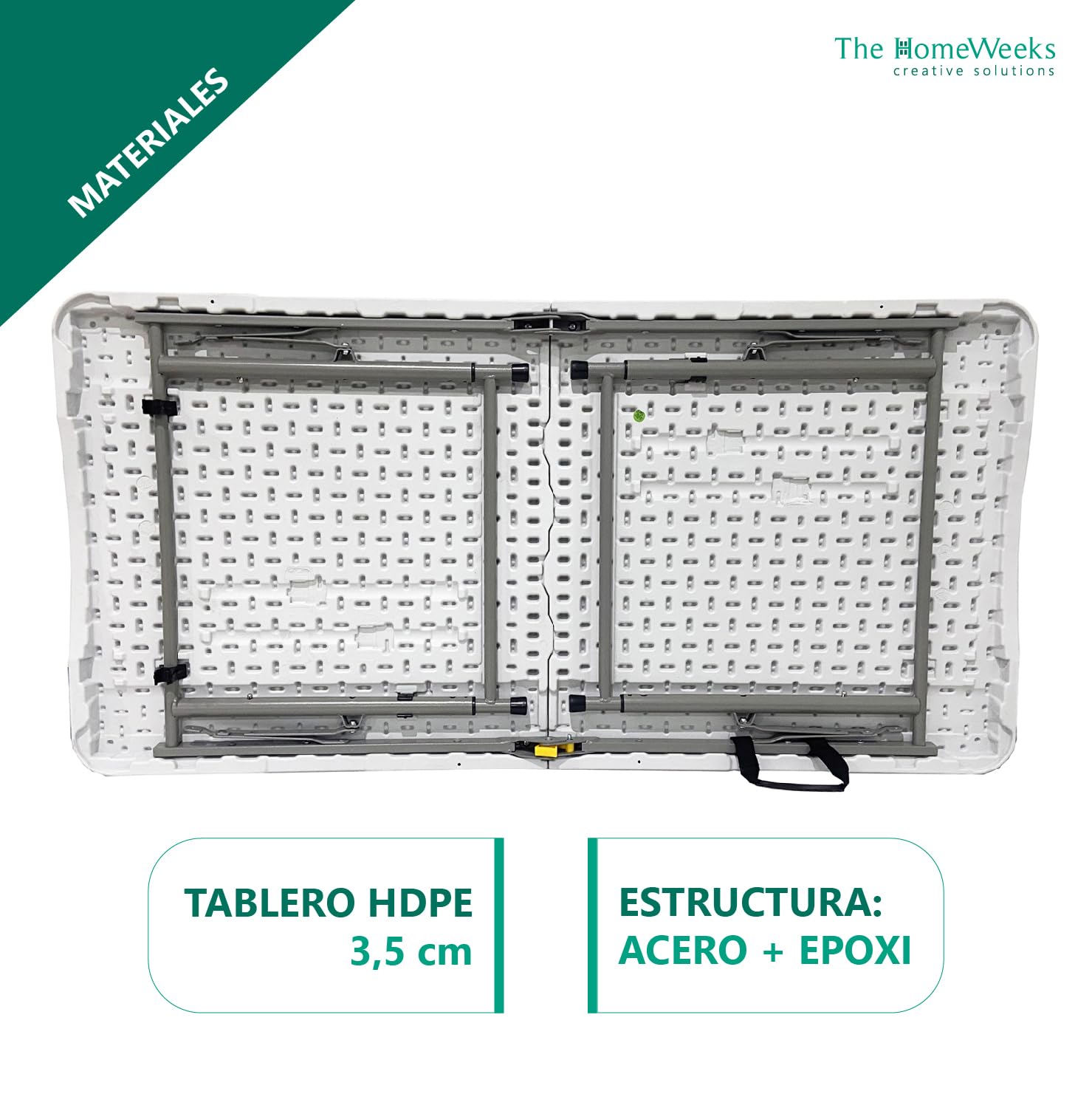The Homeweeks Tavolo pieghevole solido 120 x 60 x 48/61/74 cm Altezza regolabile e portatile Normativa Uso pubblico per interni/esterni (EN 581-1/3). Pannello in resina HDPE 3,5 cm Capacità 4 persone