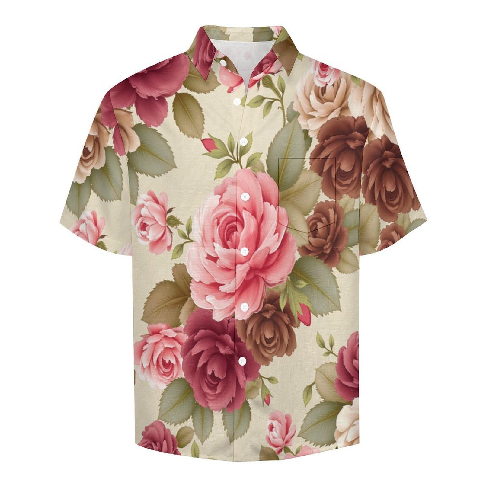 Camicia da Uomo a Maniche Corte Funky, Rose Fiori di Eleganza, Aloha Camicias Estiva per la Spiaggia, vestibilità Normale con Bottoni, per Libero Vacanze