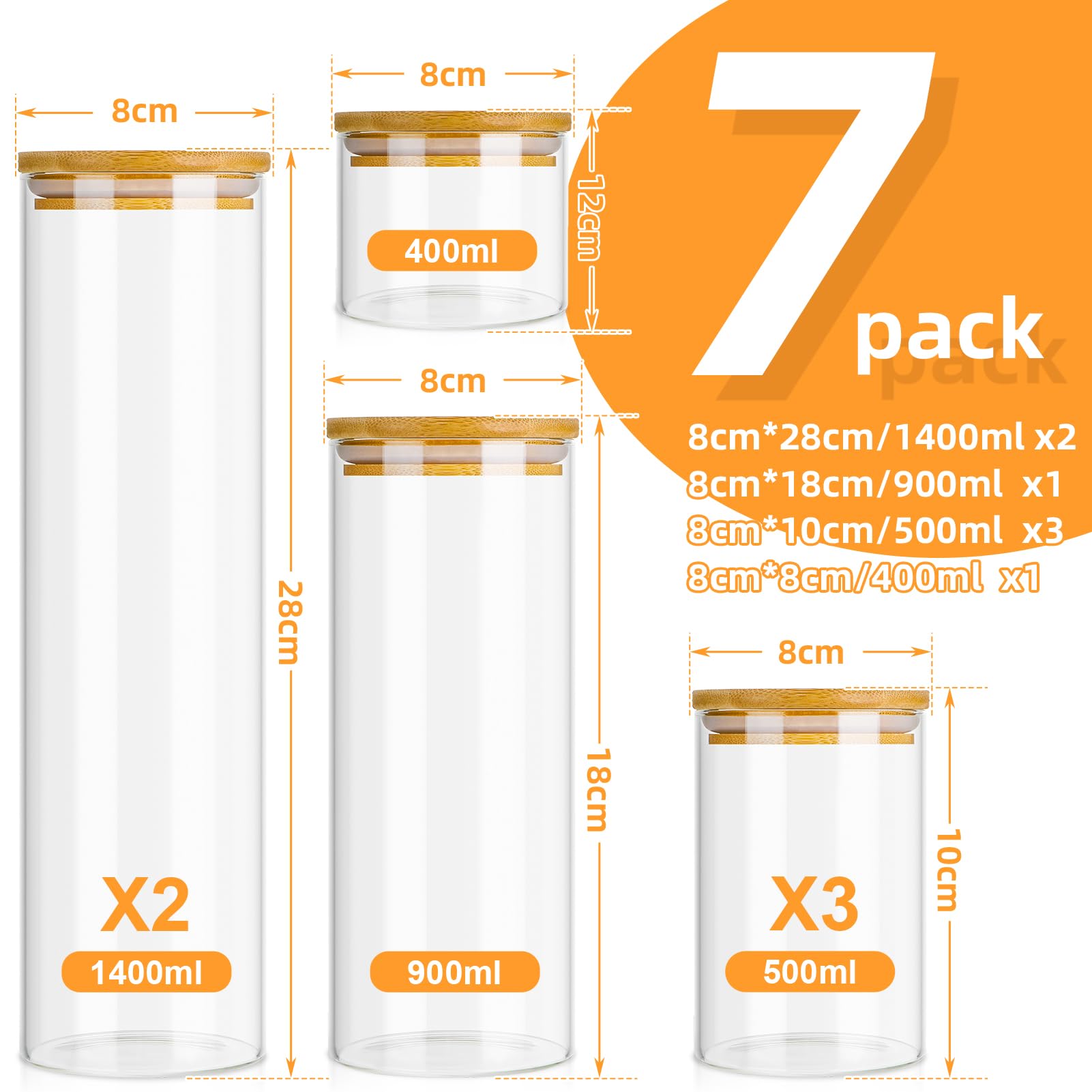 Bocaux en Verre avec Couvercle en Bambou - Set de Rangement Cuisine Hermétique 7 Pièces (2×1400ml, 3×500ml, 1×400ml, 1×900ml)