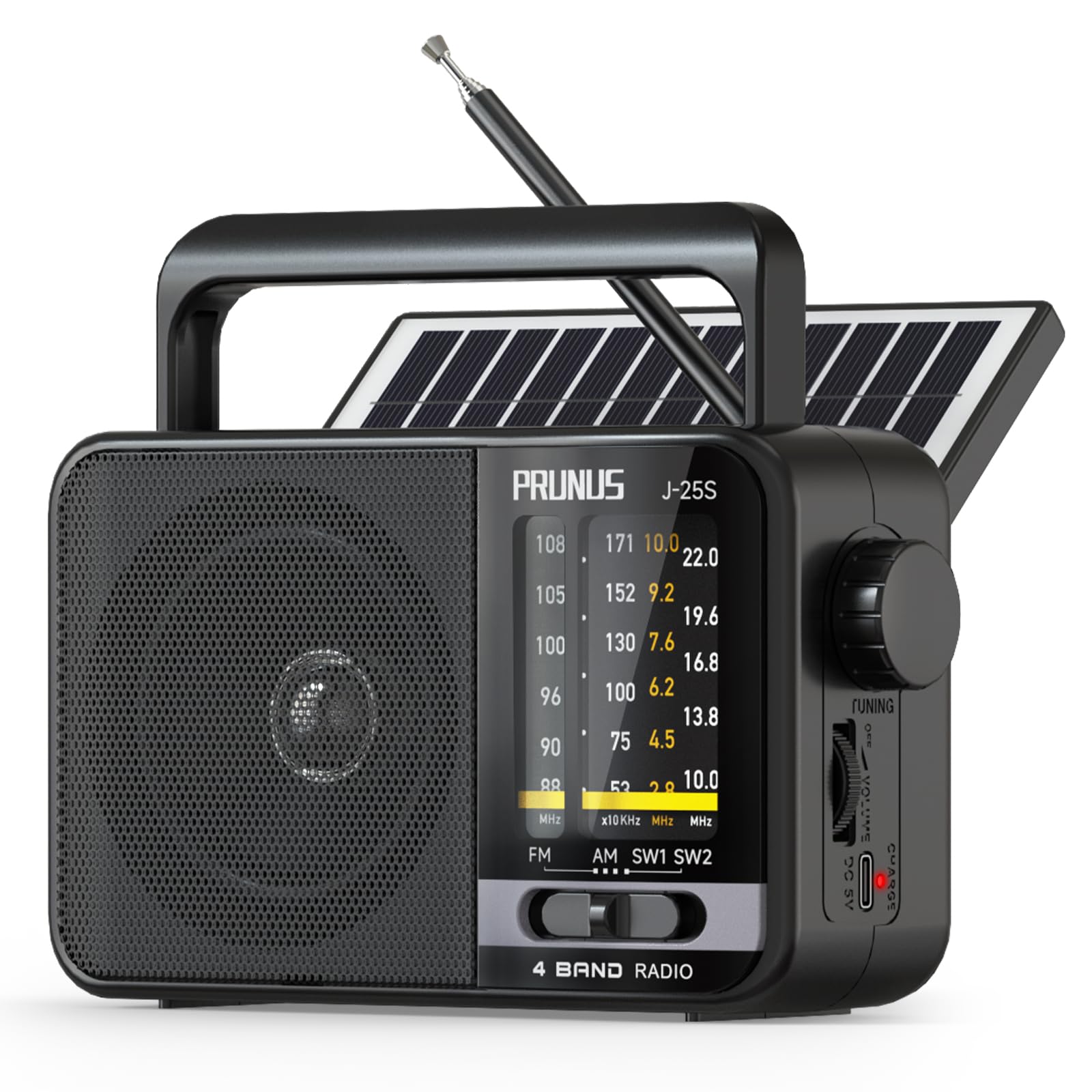PRUNUS J-25S AM FM Radio Portable with Loud Speaker, USB-C/Solar