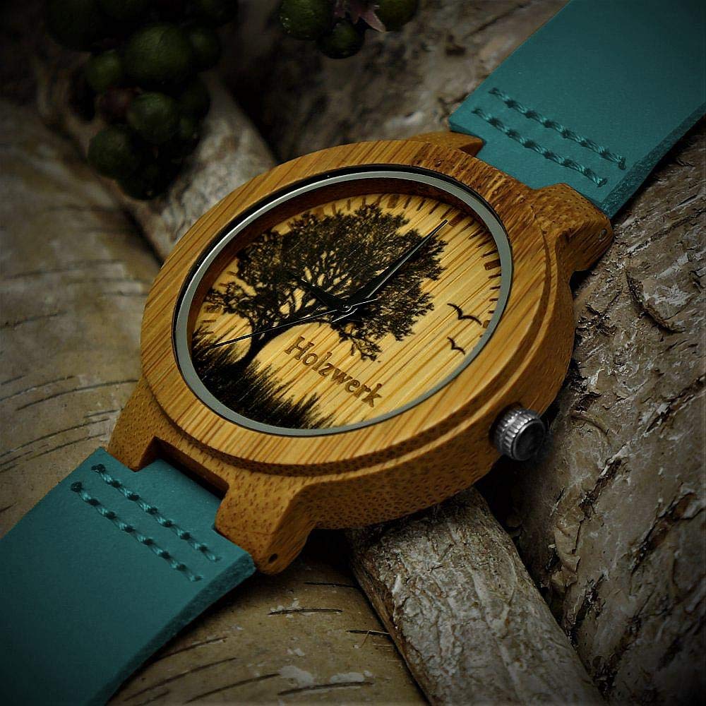 Holzwerk Germany Handgefertigte Designer Damen-Uhr Herren-Uhr Öko Natur HolzUhr Leder Armband-Uhr Save the Trees Analog Quarz Braun Blau Türkis Baum Biene Natur Motiv Limitiert