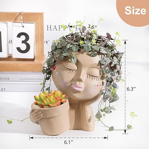 Miniatura 2 de Macetas faciales para plantas de interior y exterior, bonitas macetas para flores suculentas con orificio de drenaje, ideas de regalo ideales (dama