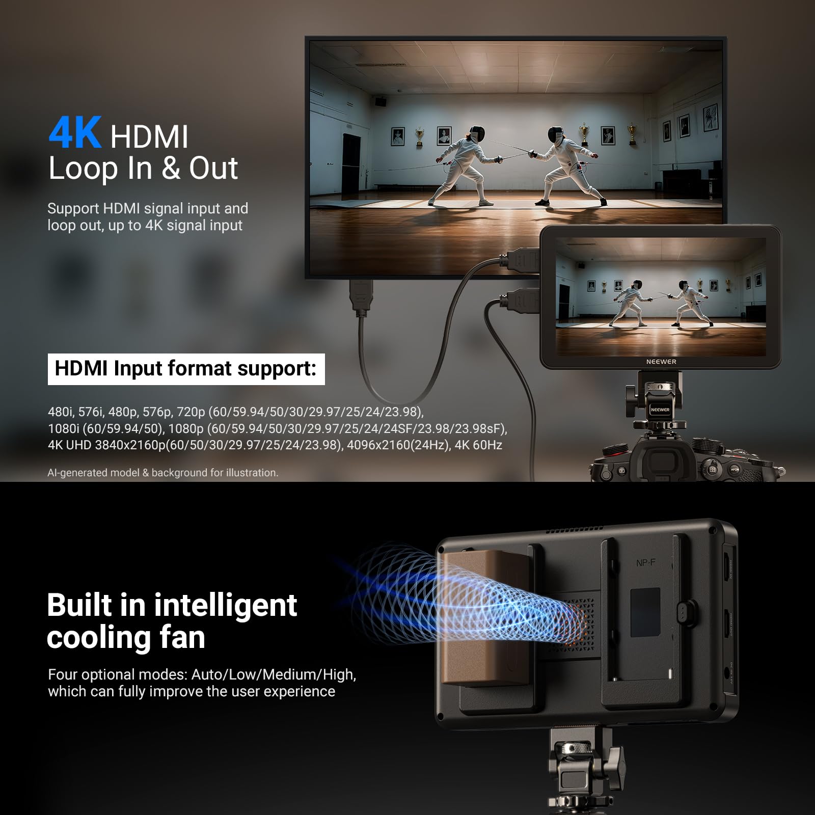 NEEWER F600 7-calowy monitor pola aparatu, ekran dotykowy IPS 2400nit HD 1920 x 1080 z 3D LUT, pętla wejścia/wyjścia HDMI 4K z Peak Focus DSLR Video Assist HDR Waveform, uchwyt na zimną stopkę, 2
