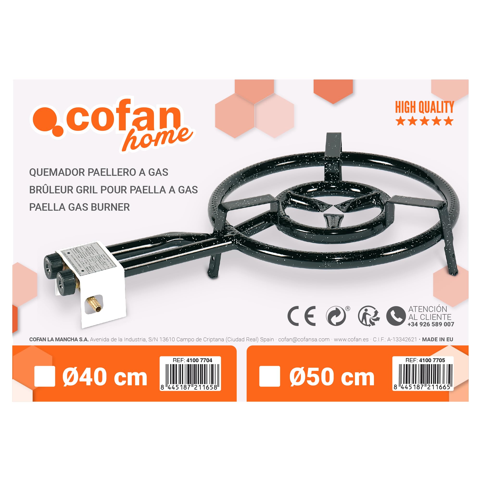 Cofan Quemador paellero a gas butano/propano | Diámetro: 40 cm | Apto para paelleras de acero