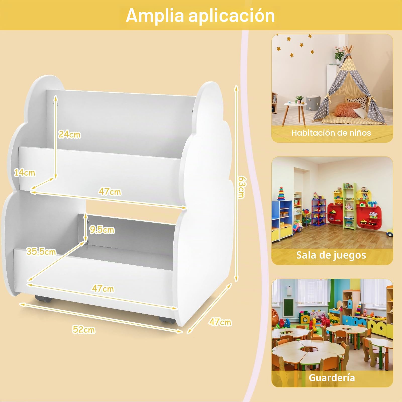HOMASIS Estantería de Juguetes para Niños con 2 Compartimentos, Estantería de Madera para Niños con 4 Ruedas, Bonita Caja de Juguetes para Guardería, Sala de Juegos y Jardín de Infancia (Blanco)