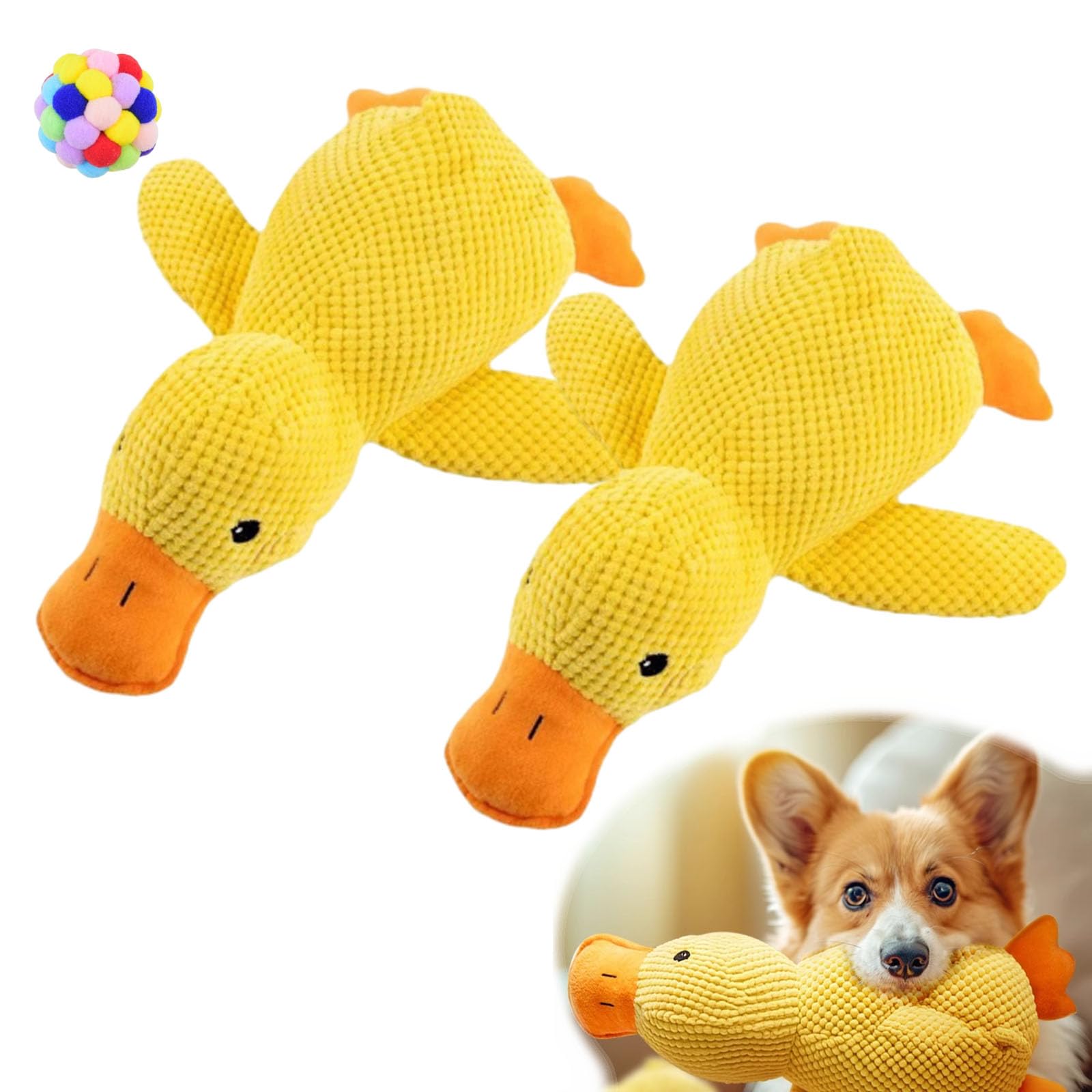 Argumub Calming Duck Dog Toy, Calming Duck Toy for Dogs, Large Yellow Duck With Squeak Resistant Bite Sleep Companion (2pcs Large)