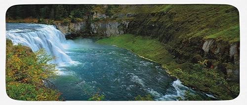 Ambesonne Idaho Kitchen Mat, Landscape Photo of Mesa Waterfalls in Gem State, Plush Decorative Kitchen Mat with Non Slip Backing, 47" X 19", Sea
