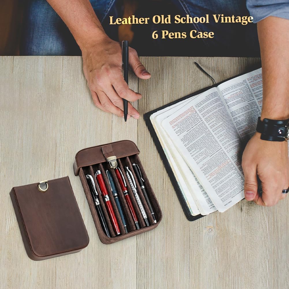 CONTACTS Full Grain Leather 6 Slot Pen Case Fountain Pens Holder Travel Pencil Case by Handmade Vintage Tray Design with Push Lock