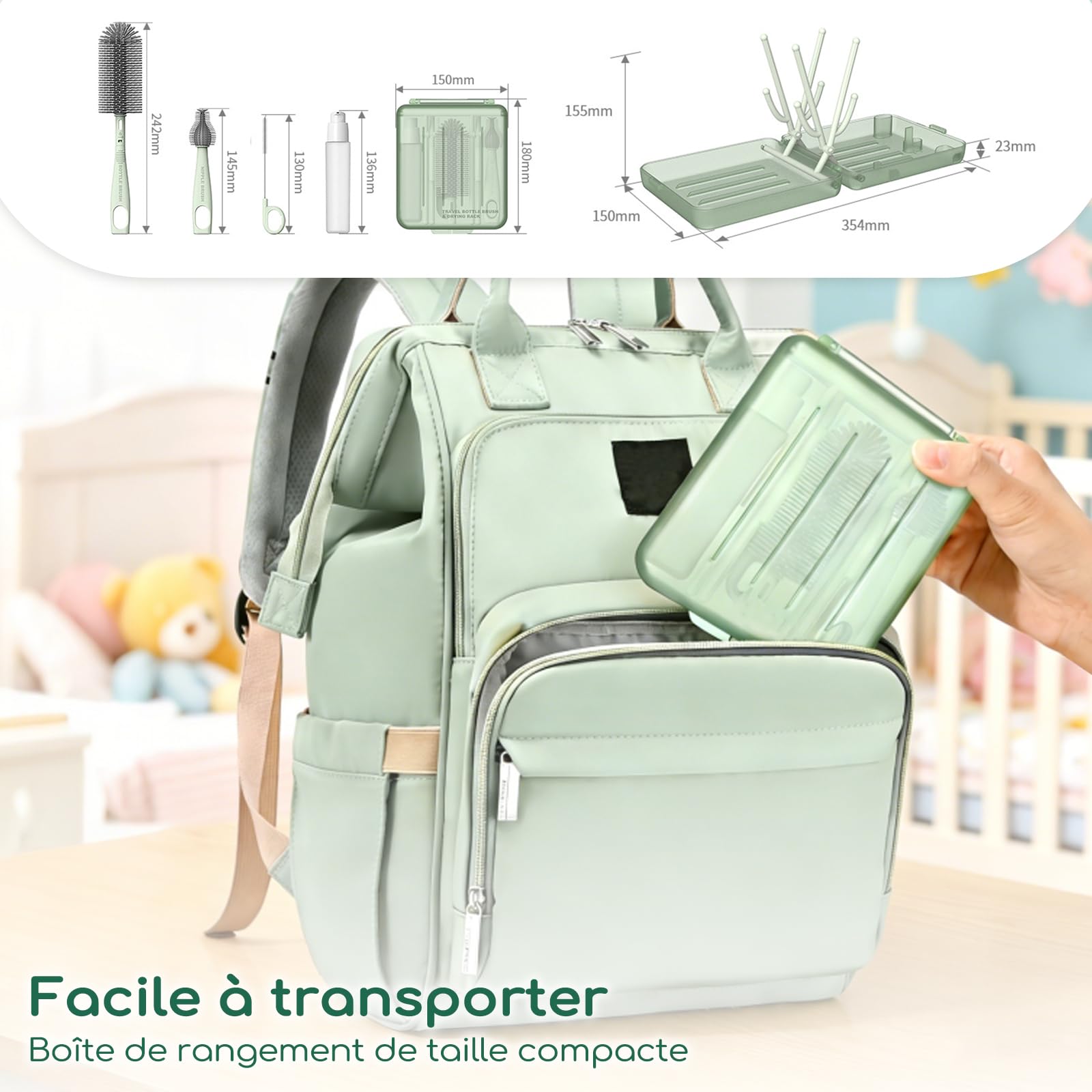 Goupillon Biberon Silicone, Kit Nettoyage Voyage INCL. Brosse pour Biberon, Tétine, Paille, Distributeur, Egouttoir Intégré, Étui, Nettoyeur Biberon Portable Prêt pour Sortie Bébé (Vert Sauge)