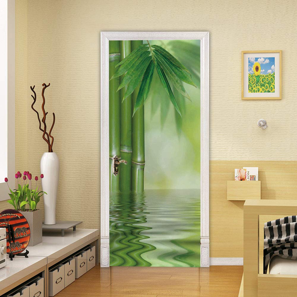 3d Stickers Porte Porte Vert Et Bambou Auto-AdhéSif Murale DéCoration De La Maison Stickers Muraux