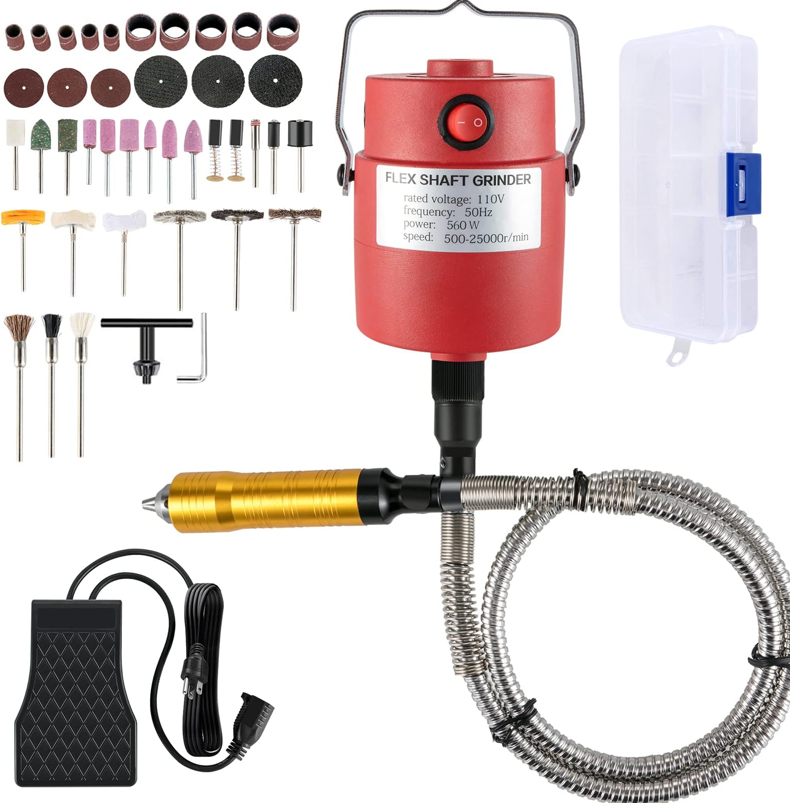 VEVORFlex Shaft Grinder 560W Rotary Tool with 1/4" 3-Jaw Chuck & Stepless Speed Foot Pedal Rotary Carver 500-25000RPM Hanging Grinding Machine 131PCS for Carving, Buffing,Drilling,Polishing