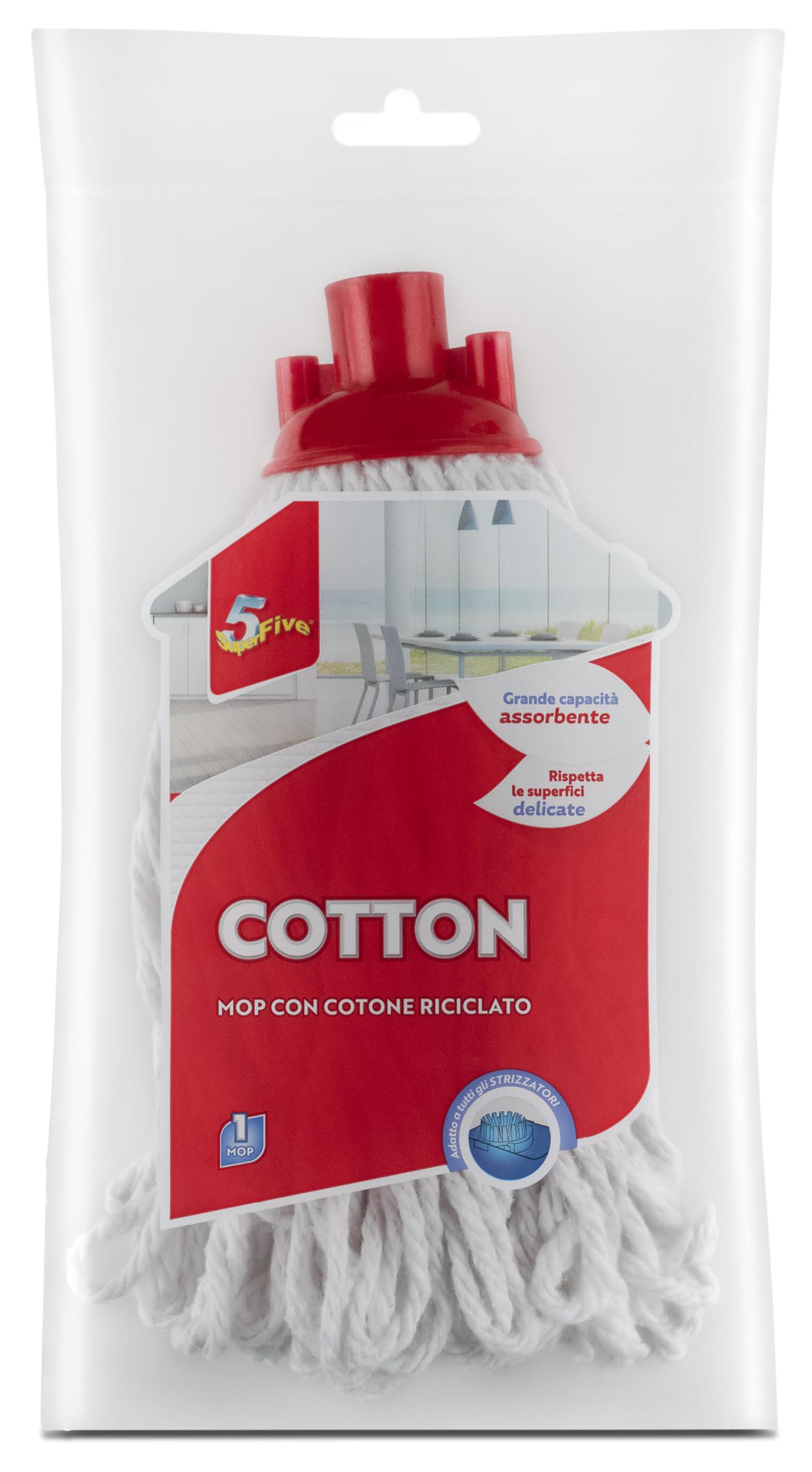 SUPERFIVE, Cotton Mop, Mop in Cotone Universale, Mocio con Frange Morbide, Cotone Riciclato, Adatto a Tutti gli Strizzatori, 10 Pezzi