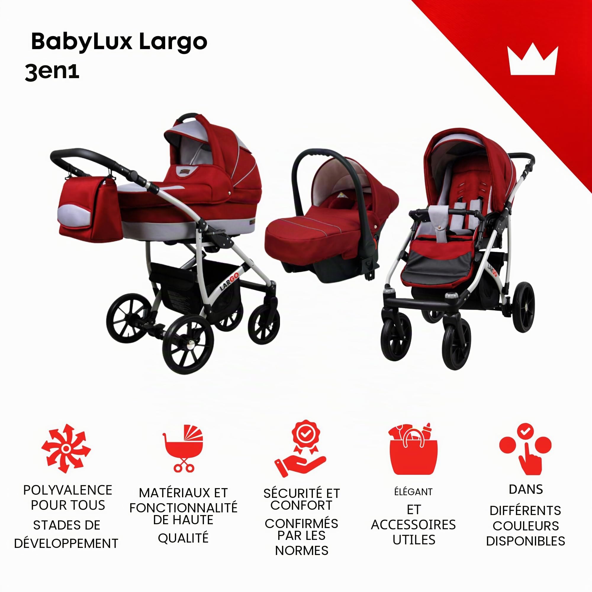 BabyLux® Enfant Poussette Combinée Set 3 en 1 - Largo - incl. Nacelle, Canne, Siège de voiture - Siège Auto - Pliable - avec Sac à langer, Habillage pluie, Moustiquaire etc.