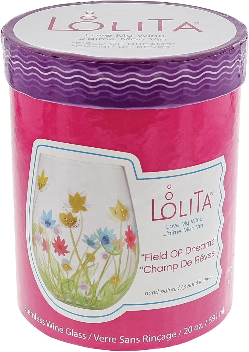 Enesco Designs by Lolita Field of Dreams Floral Hand-Painted Artisan Stemless Wine Glass, 20 Ounce, Multicolor