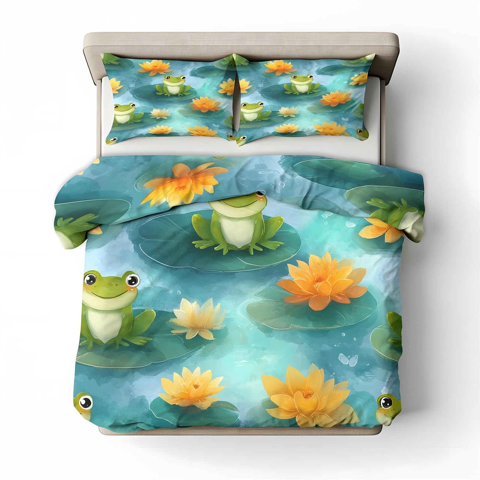 Ypthriline Single Duvet Cover Set Frogs Bedding Set Microfiber Water Lily Duvet Covers with Pillowcases Reversible Bedding With Zipper Closure 135x200CM