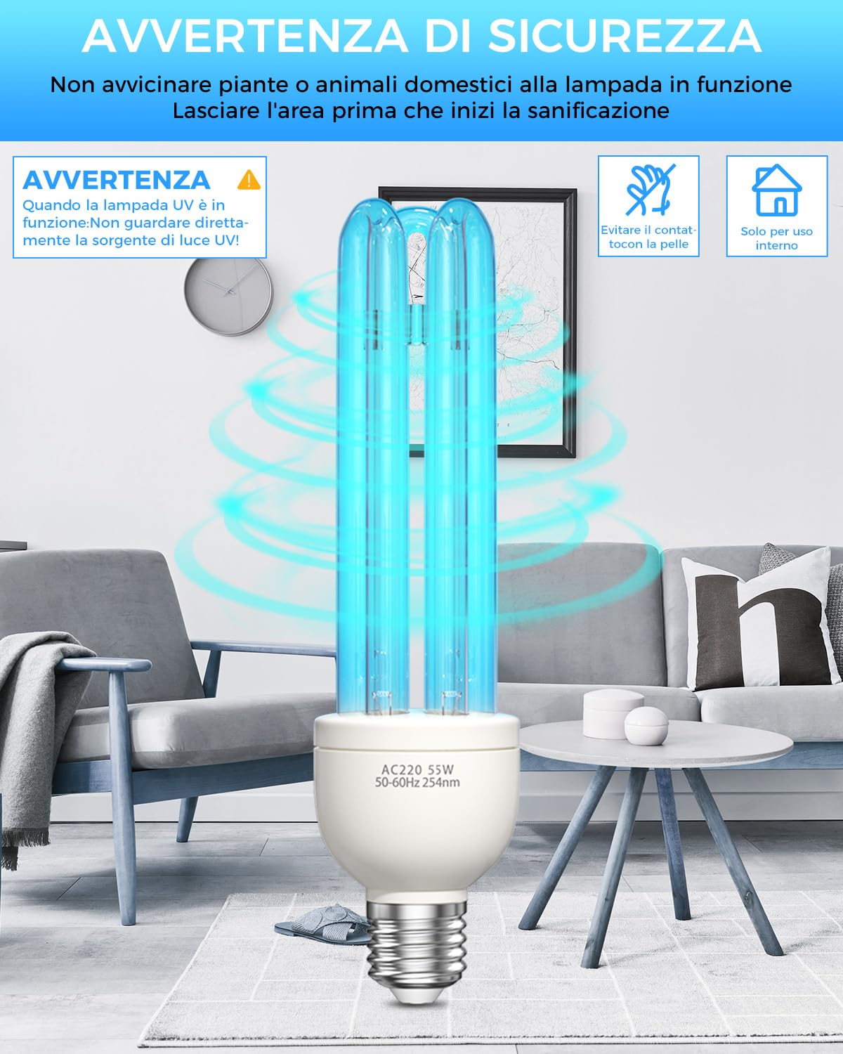 Lampada UV Ozono 55W Lampada Germicida Raggi UVC E27 254nm con Tubo al Quarzo Brine Ozono Contro Batteri Virus e Acari AC220-240V per Case, Lavatoi, Uffici, Ristoranti e Scuola Aria fresca