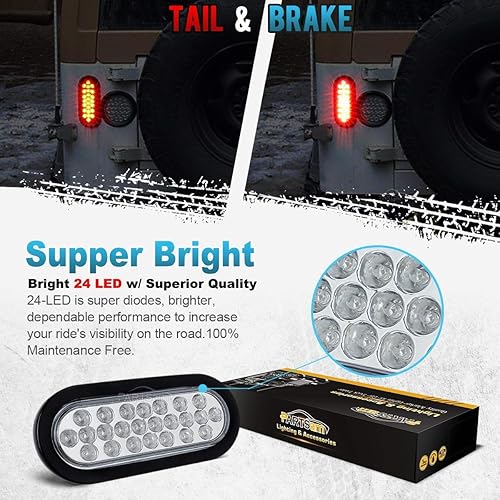 Miniatura 3 de Partsam 2 luces LED ovaladas rojas + 2 blancas de 6 pulgadas para remolque, kit de lente transparente, 24 LED, impermeable, parada, freno, giro,