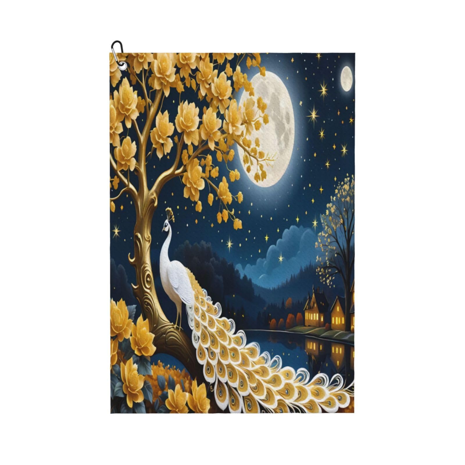 AOOEDM Moonlit Golden Tree Peacock Print Golf Towel with Carabiner Clip Absorbent Microfiber Golf Towel for Cleaning Golf Ball Club Putter Iron for Golf Bag Trolly Belt Loop 16" X 24"