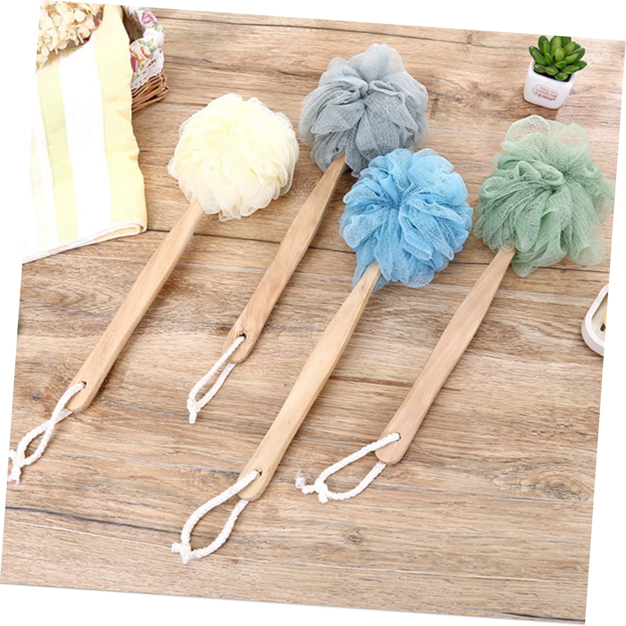 Gogogmee 4Pcs Long Handle Back Scrubber Bath Brush Exfoliating Bath Balls for Deep Cleansing Hard to Reach Areas Smooth Skin Care