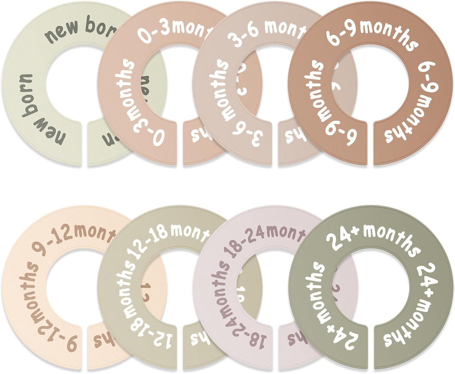 Baby Closet Dividers, Earth Tone Round Double-Sided Baby Clothes Organizer, Set of 8 Monthly Size Dividers from Newborn to Toddler, Clear Size Labels, Fits Most Rods, Nursery Closet Décor