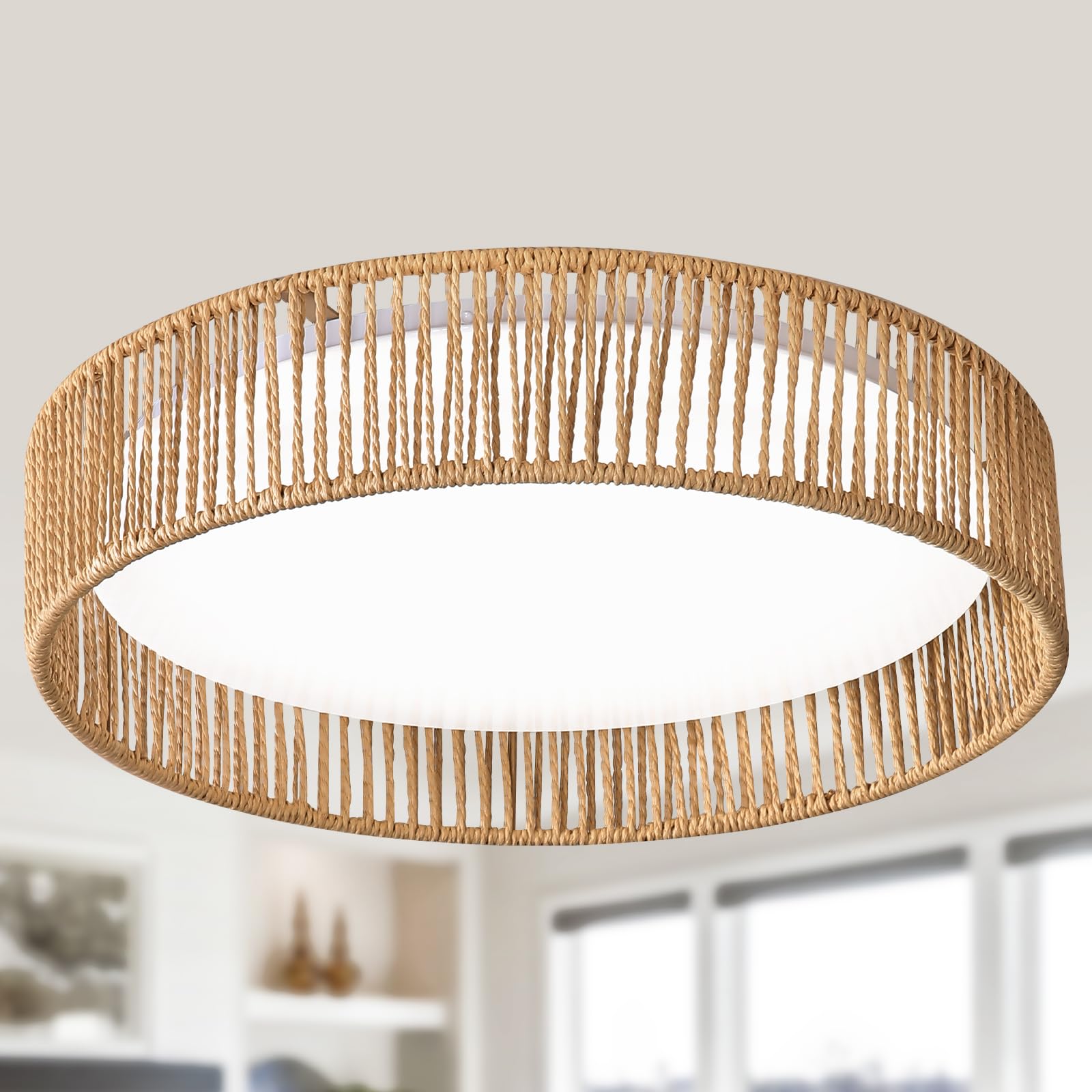 Ogmokila Rattan Overhead Light Fixture, 24W 16.9inch LED Dimmable Handwoven Boho Light Fixture 5CCT 3000K-6000K for Hallway Bedroom Kitchen Entryway