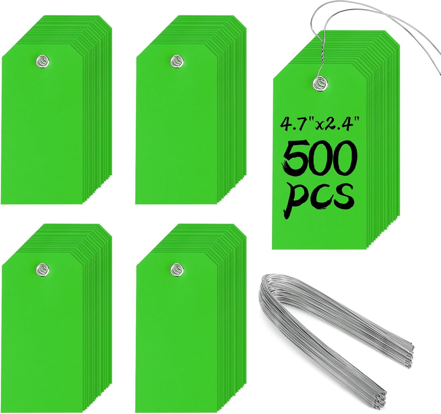 500 Pieces Plastic Shipping Tags with Wire Waterproof Hang Tags Heavy Duty Labeling Tags with String Wires Tags Labels Labeling Tags Stacking Tags for Equipment Car Parts (Green, 4 3/4 x 2 3/8)